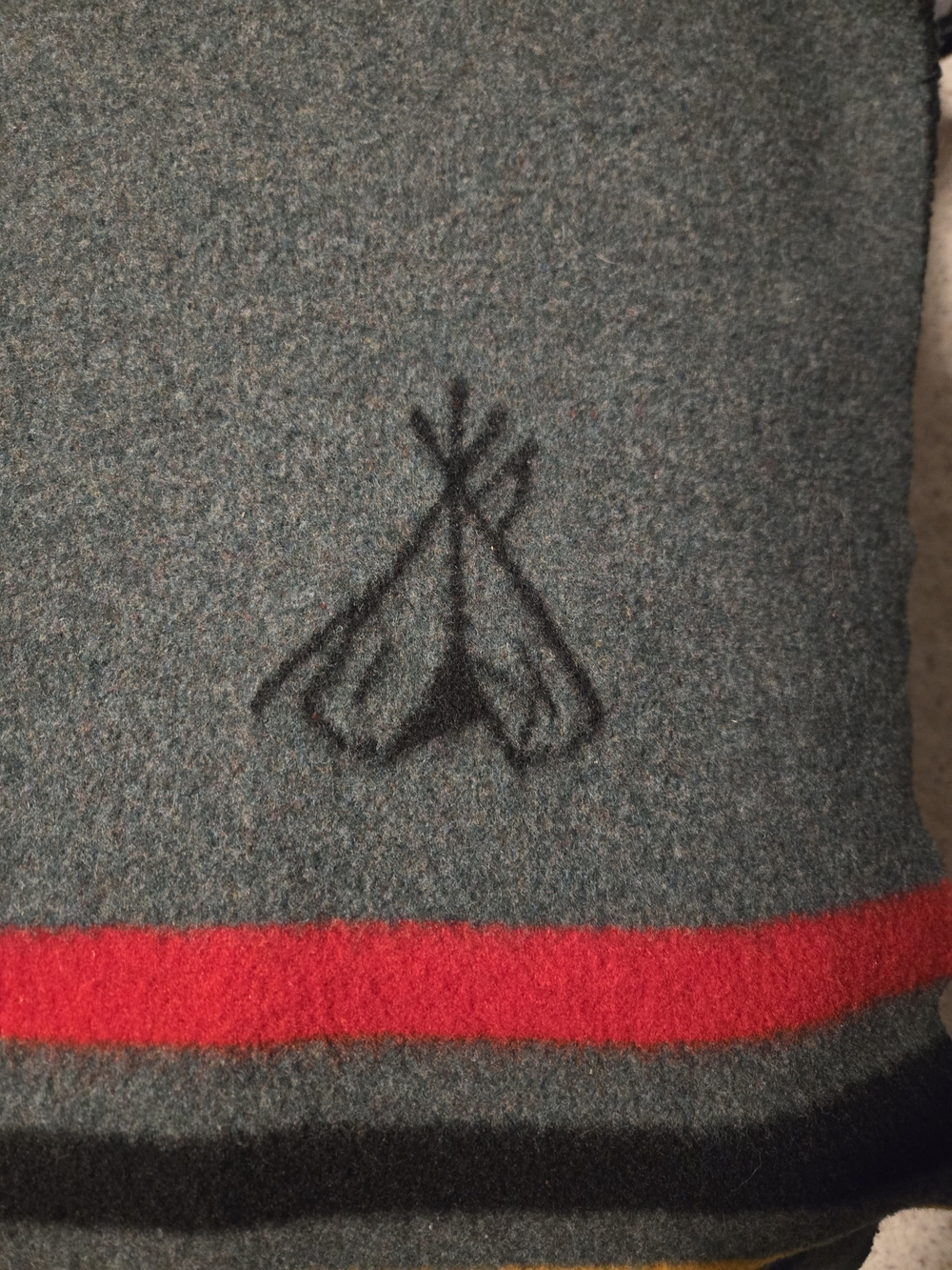 Pendleton Gray Wool Blanket with Red, Yellow, Blue and Black Stripes - Twin - Picture 2 of 6